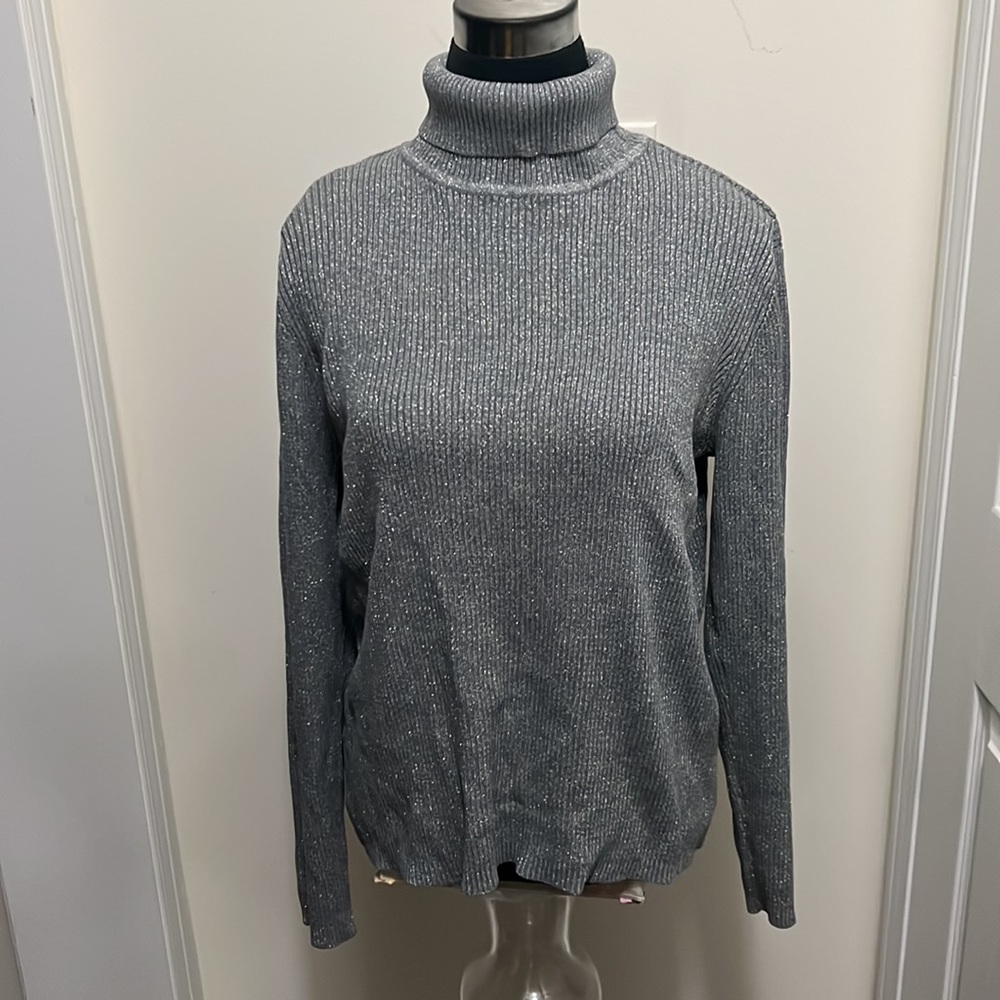 Tradition Grey silver Glitter Sparkles Turtleneck Sweater Size XL